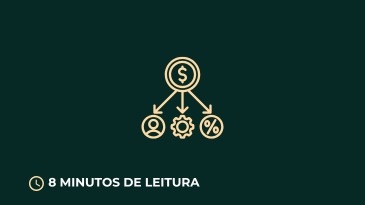 Ícone de gestão tributária com símbolos representando dinheiro, pessoas e porcentagem, em fundo verde escuro, acompanhado do texto '8 minutos de leitura'.